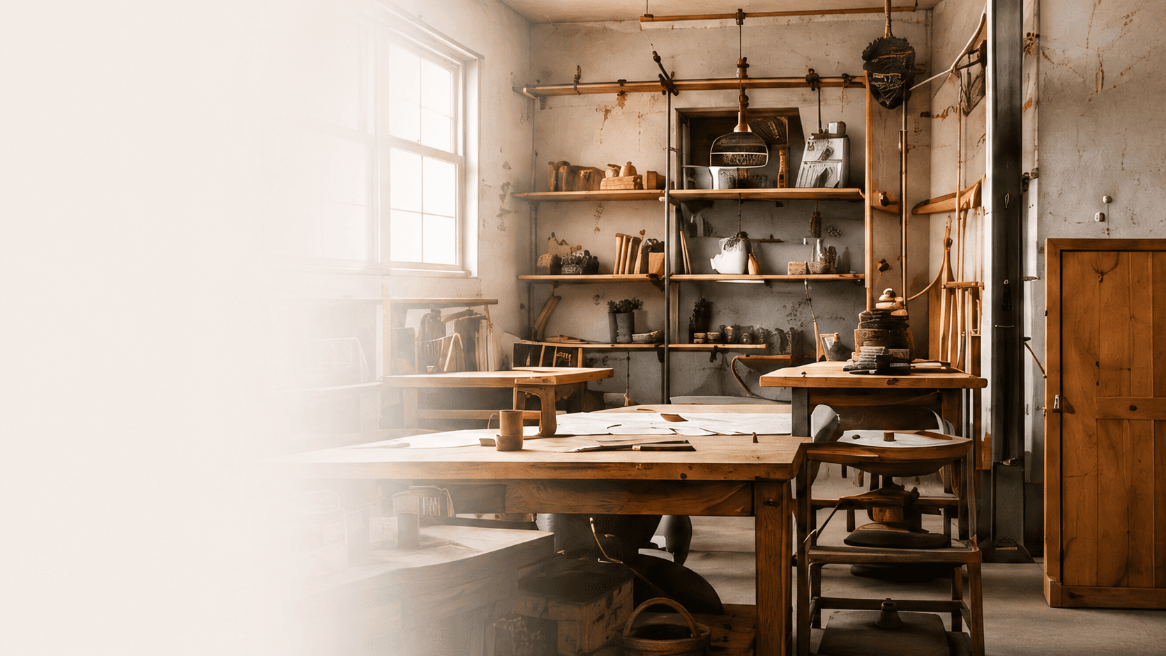 Artisan workshop with handcrafted goods on wooden shelves
