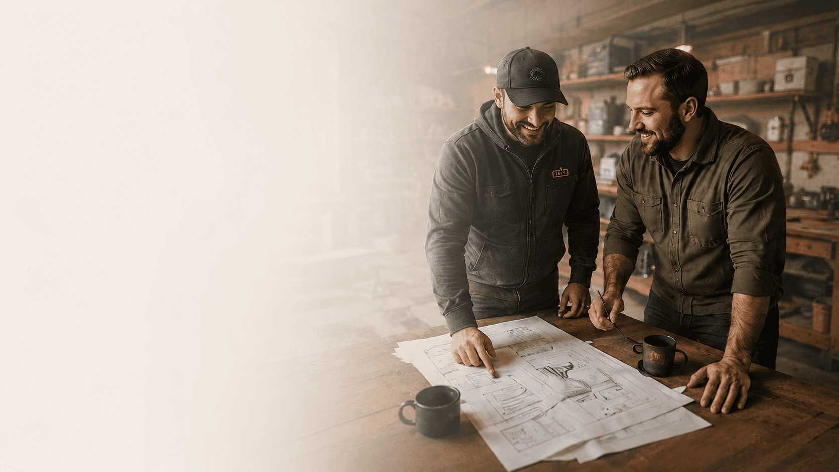 Two operators collaborating over blueprints in a workshop